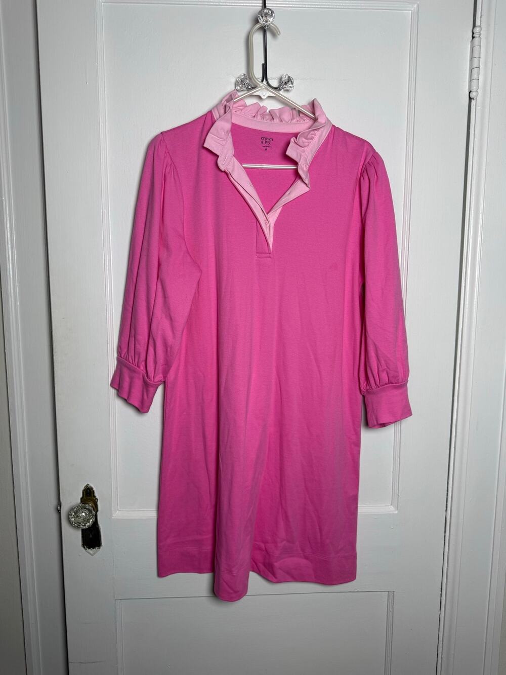 Crown & ivy pink preppy ruffle short puff sleeve grandmillennial dress medium